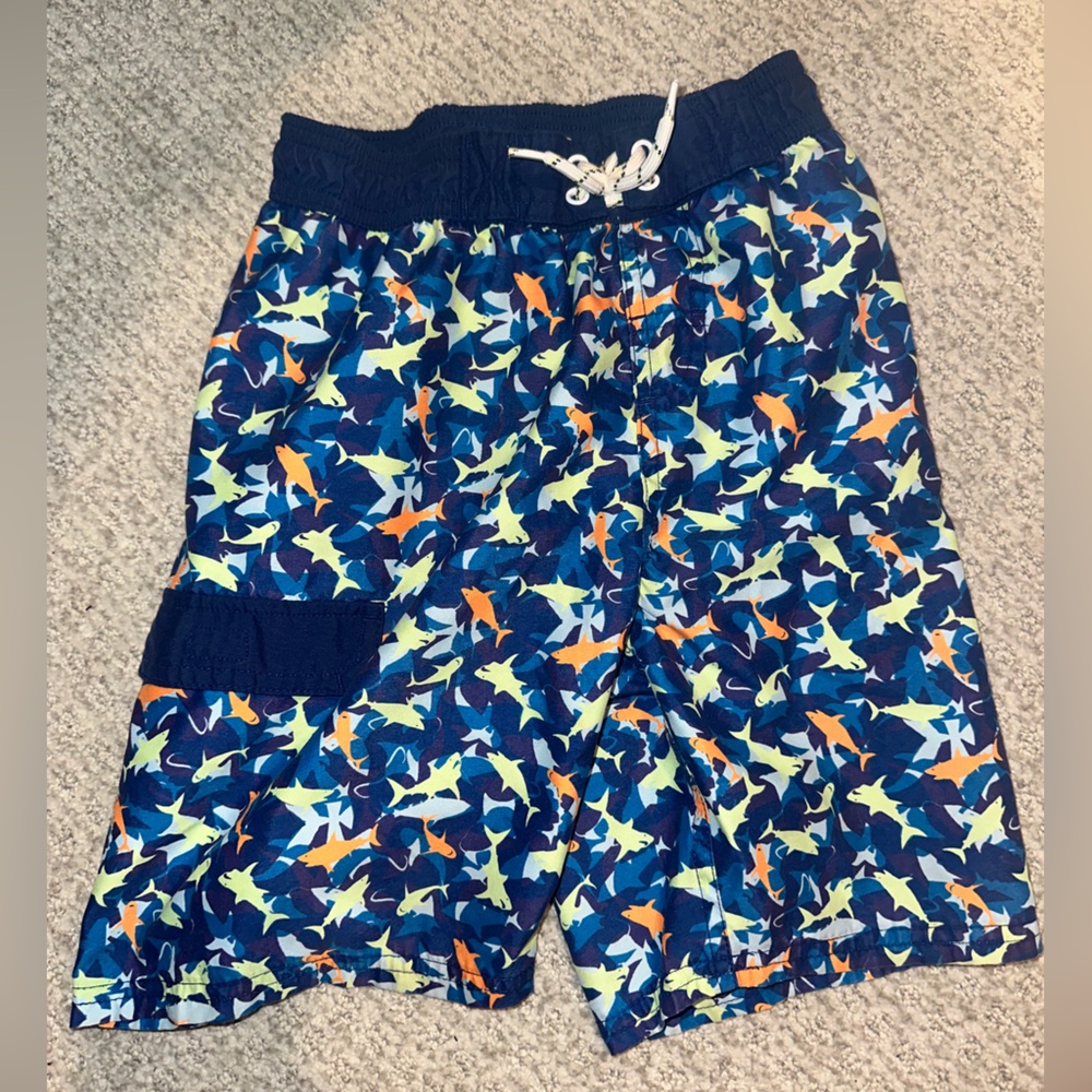 dip Navy Swim Shorts with Aqua and Orange Shark Print